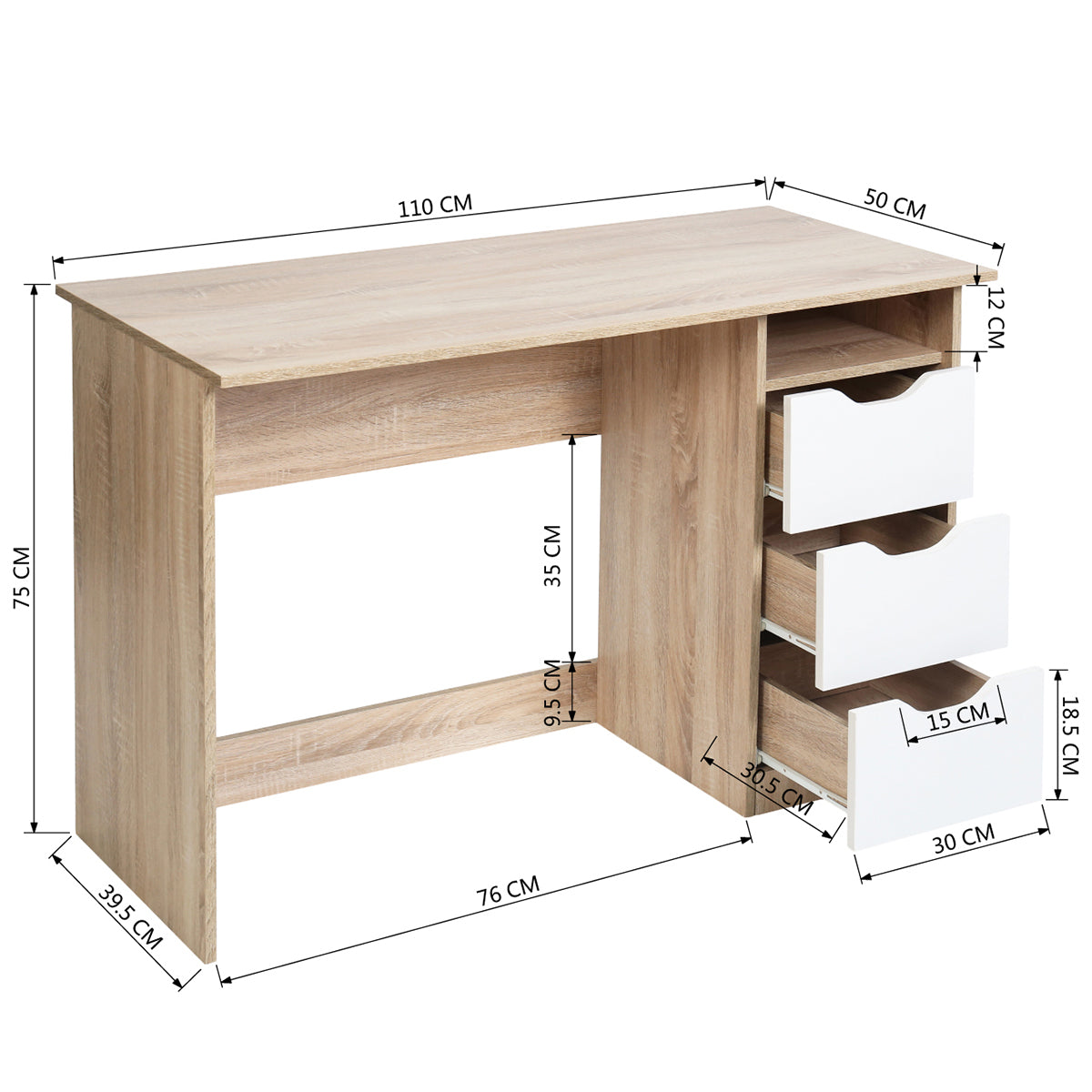 Computer Desk Writing Office Table with 1 Shelf 2 Drawers Baal