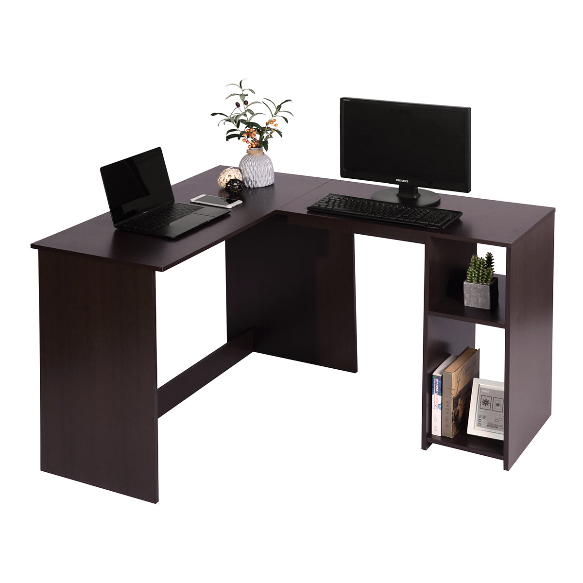 L-Shaped Desk Home Office Corner Table with 2 Shelves Babette