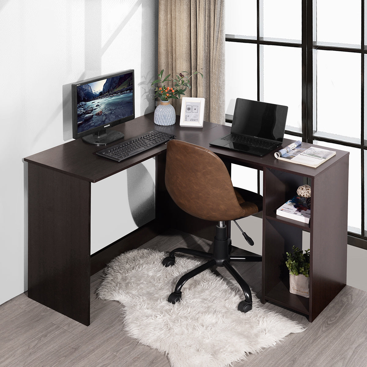 L-Shaped Desk Home Office Corner Table with 2 Shelves Babette