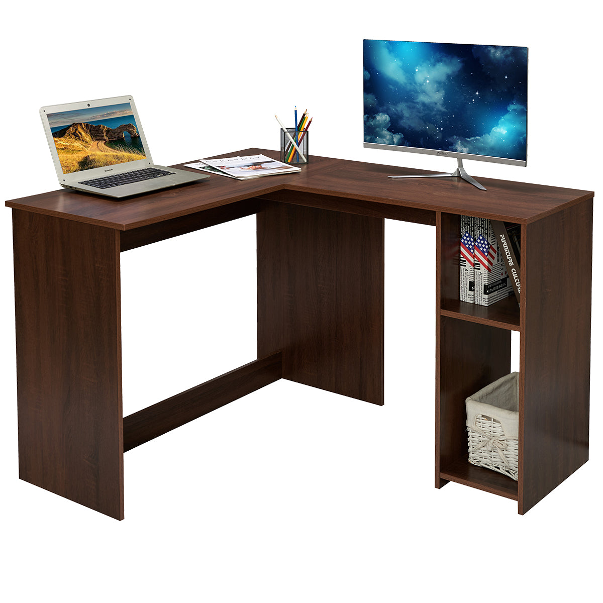 L-Shaped Desk Home Office Corner Table with 2 Shelves Babette