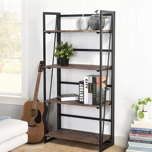 Folding Bookcase 4 Shelves Bookshelf Storage Organizer Backer