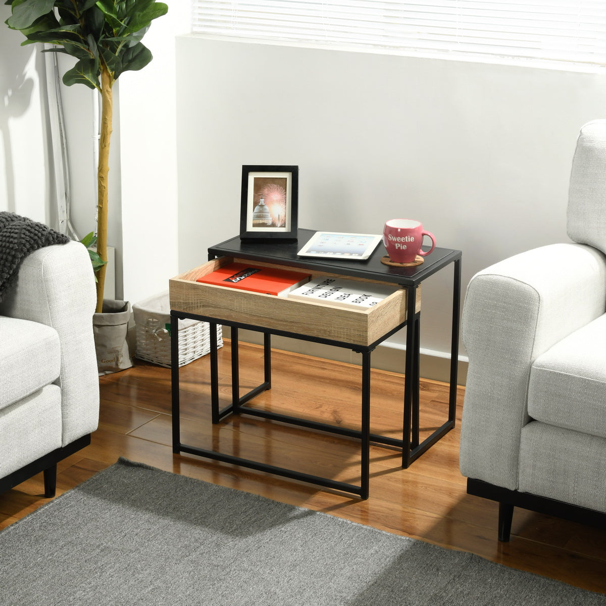 Set of 2 Coffee Table Side Table with Tray Curry