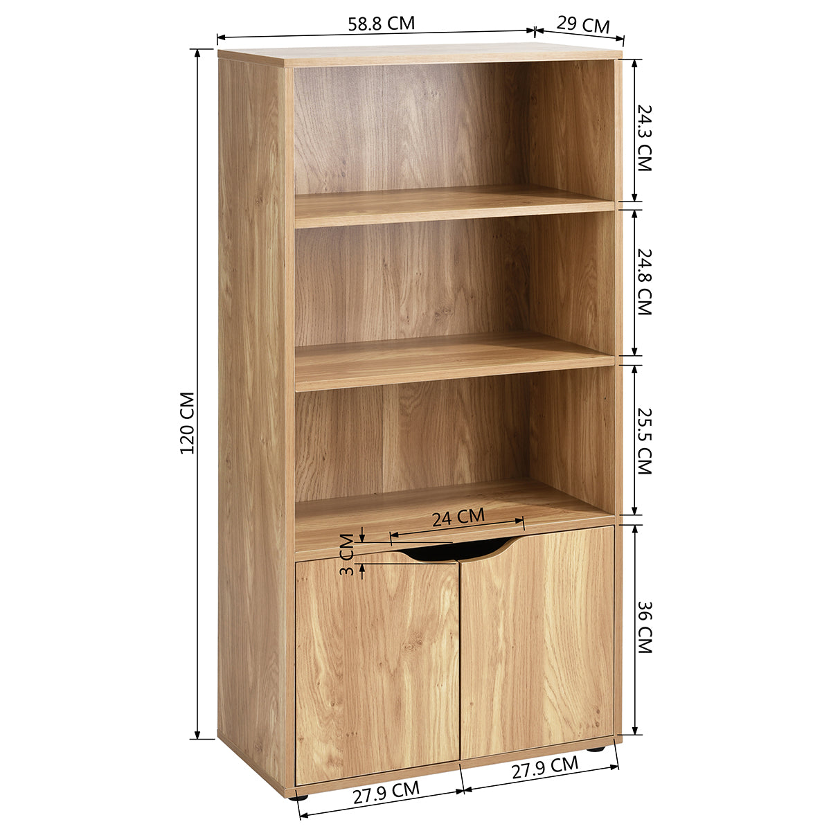 Bookcase with 3 Shelves and 2 Doors Bookshelf Storage Konz